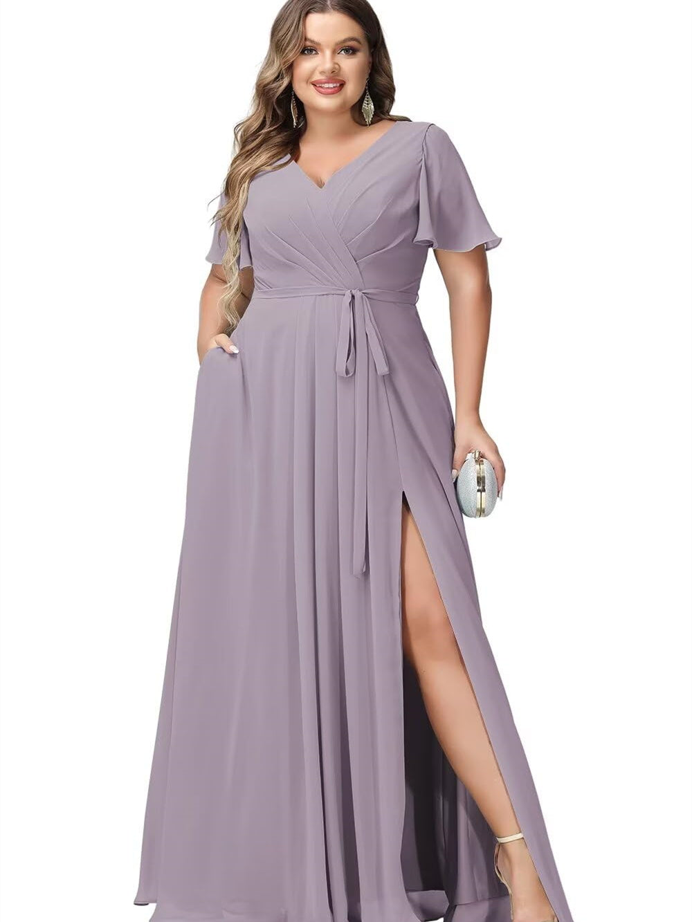 A Line/Princess Chiffon V-Neck Short Sleeves Floor-Length Bridesmaid Dresses