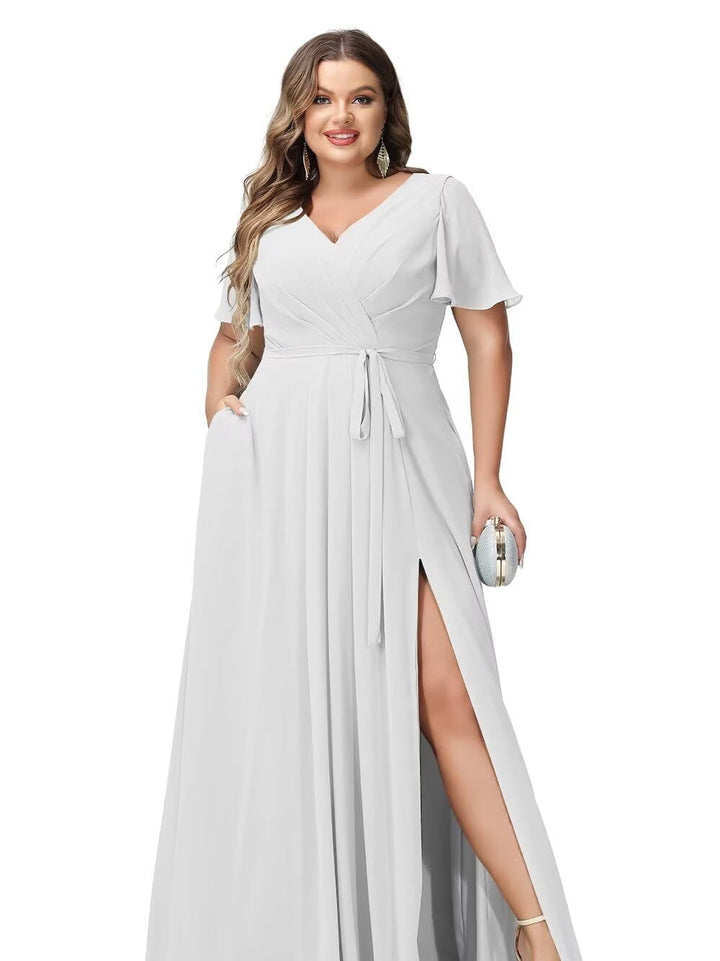 A Line/Princess Chiffon V-Neck Short Sleeves Floor-Length Bridesmaid Dresses