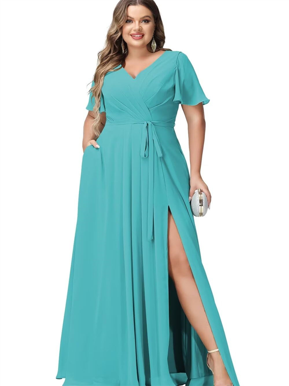 A Line/Princess Chiffon V-Neck Short Sleeves Floor-Length Bridesmaid Dresses