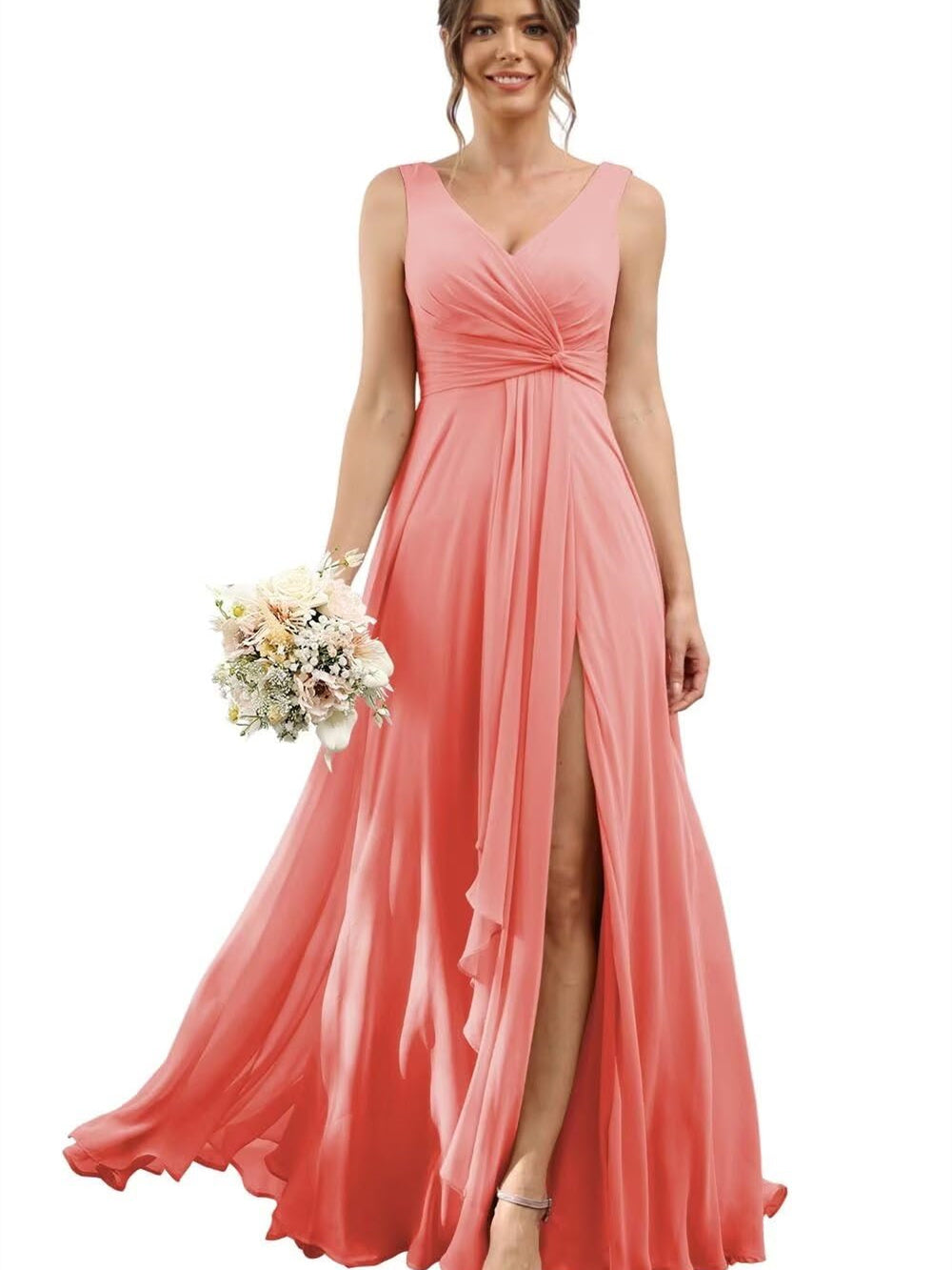 A Line/Princess Chiffon V-Neck Short Sleeves Floor-Length Bridesmaid Dresses