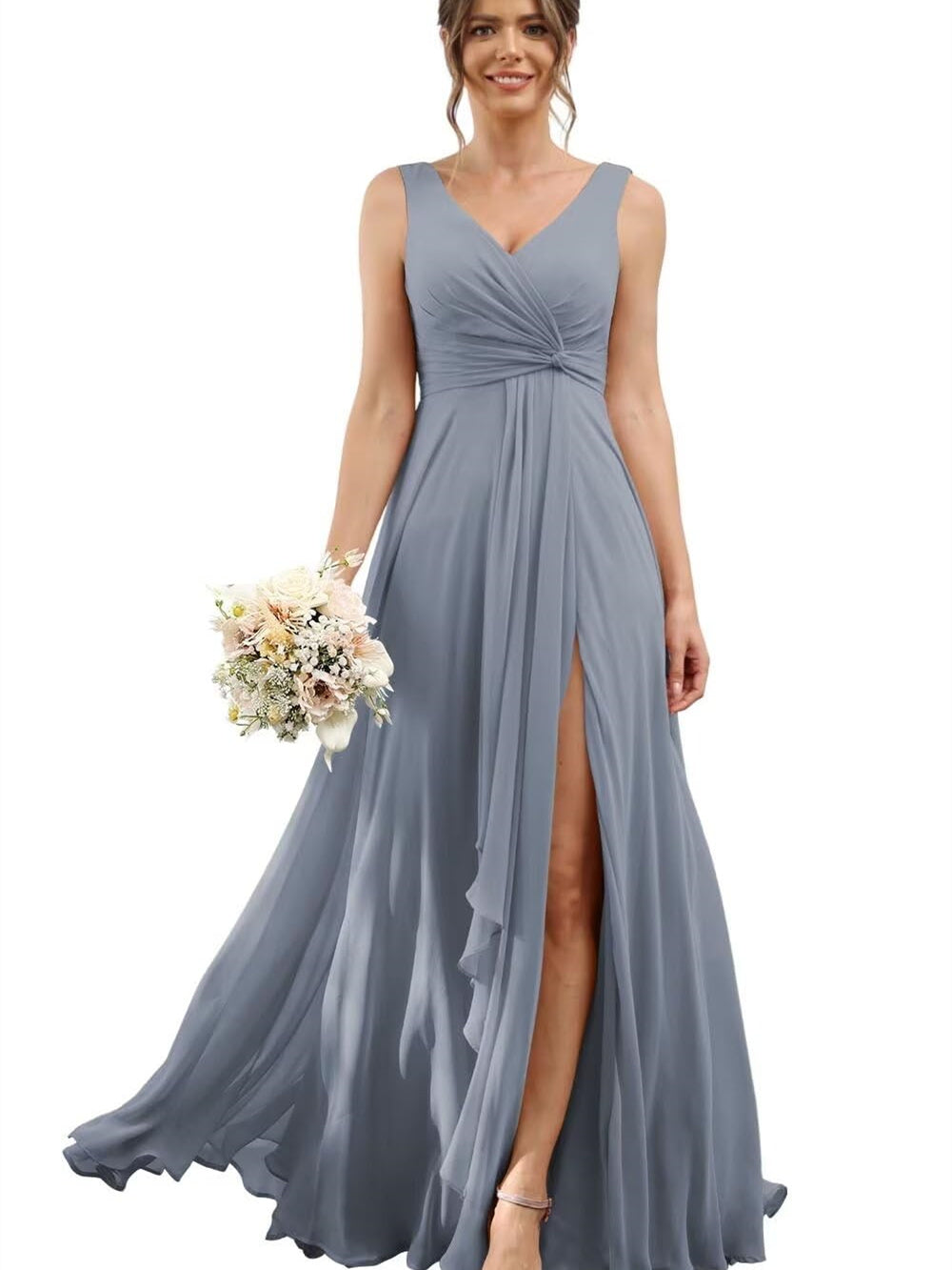 A Line/Princess Chiffon V-Neck Short Sleeves Floor-Length Bridesmaid Dresses