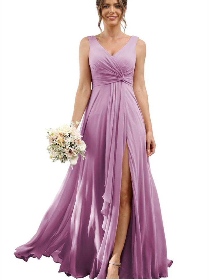 A Line/Princess Chiffon V-Neck Short Sleeves Floor-Length Bridesmaid Dresses