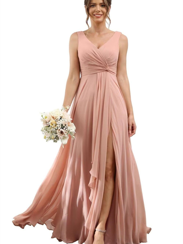 A Line/Princess Chiffon V-Neck Short Sleeves Floor-Length Bridesmaid Dresses