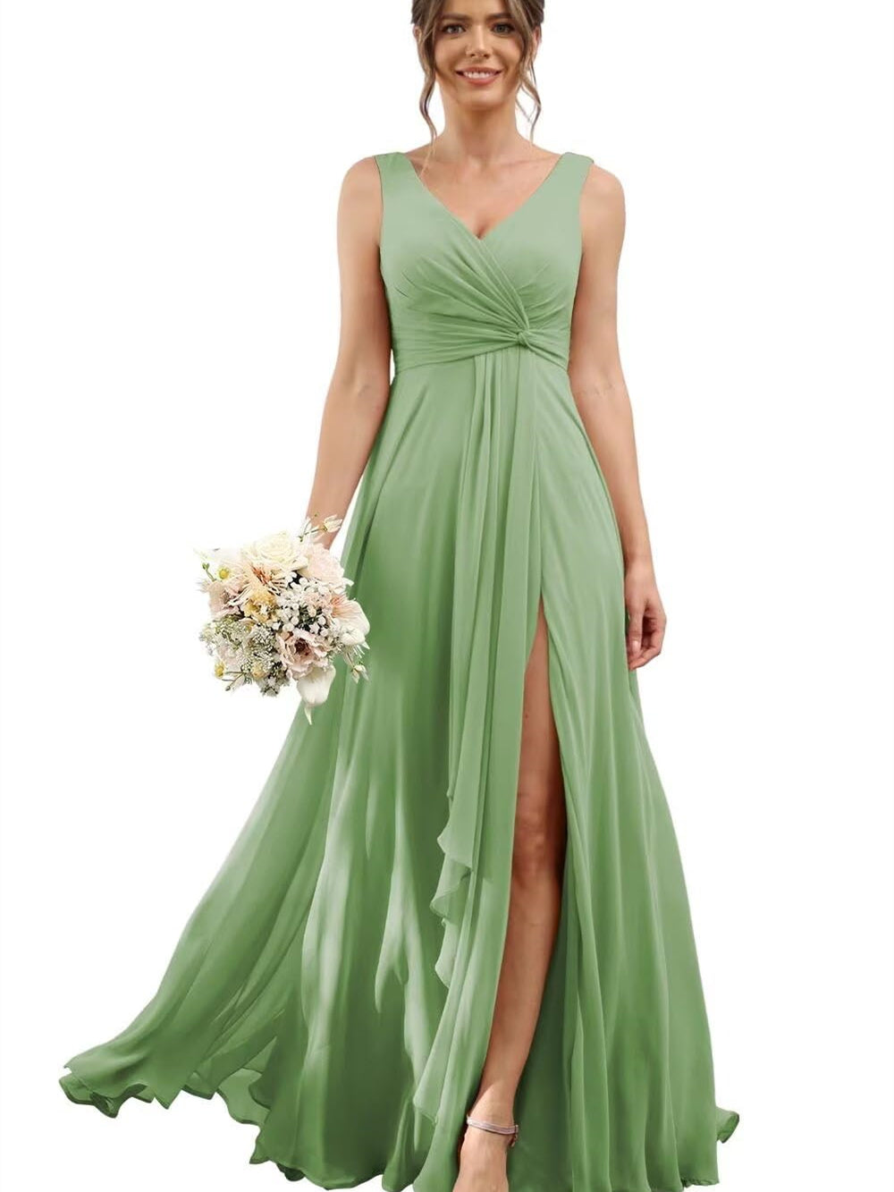 A Line/Princess Chiffon V-Neck Short Sleeves Floor-Length Bridesmaid Dresses