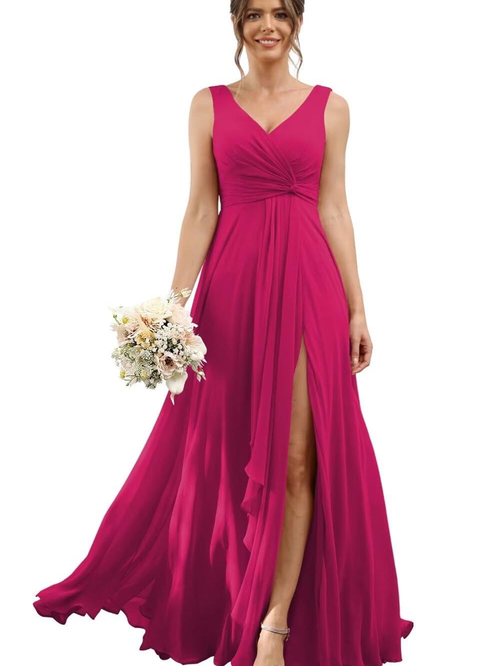 A Line/Princess Chiffon V-Neck Short Sleeves Floor-Length Bridesmaid Dresses