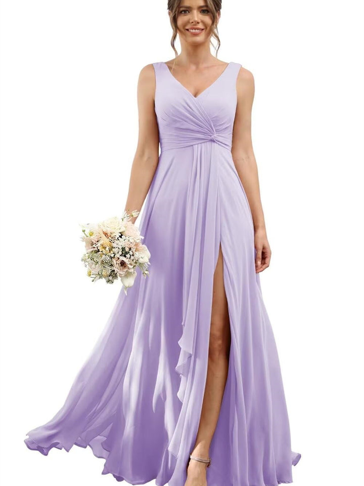 A Line/Princess Chiffon V-Neck Short Sleeves Floor-Length Bridesmaid Dresses