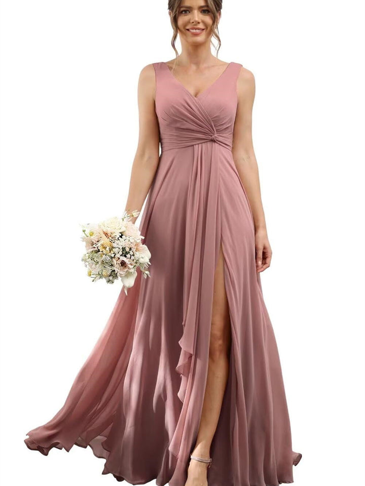 A Line/Princess Chiffon V-Neck Short Sleeves Floor-Length Bridesmaid Dresses