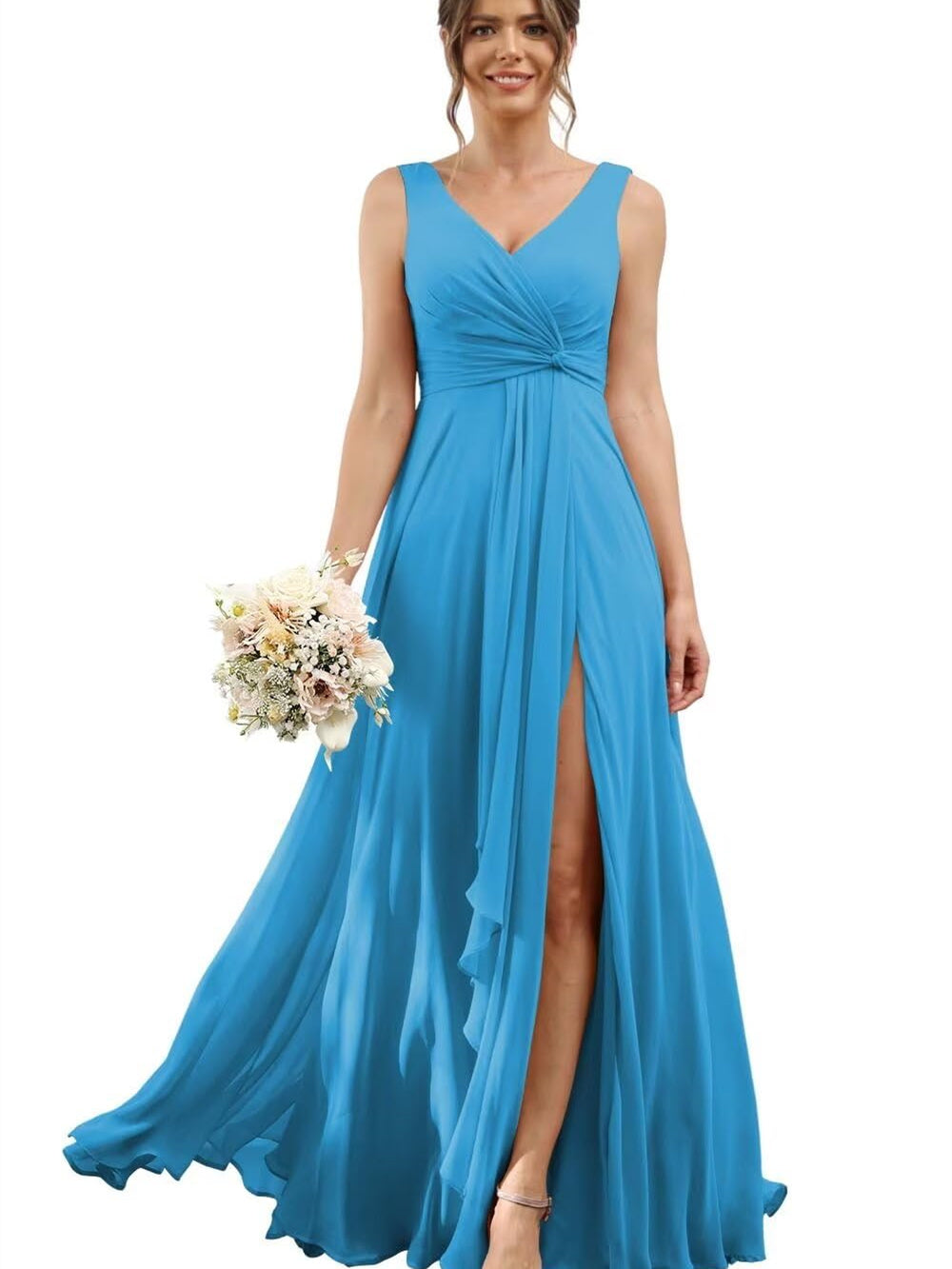 A Line/Princess Chiffon V-Neck Short Sleeves Floor-Length Bridesmaid Dresses