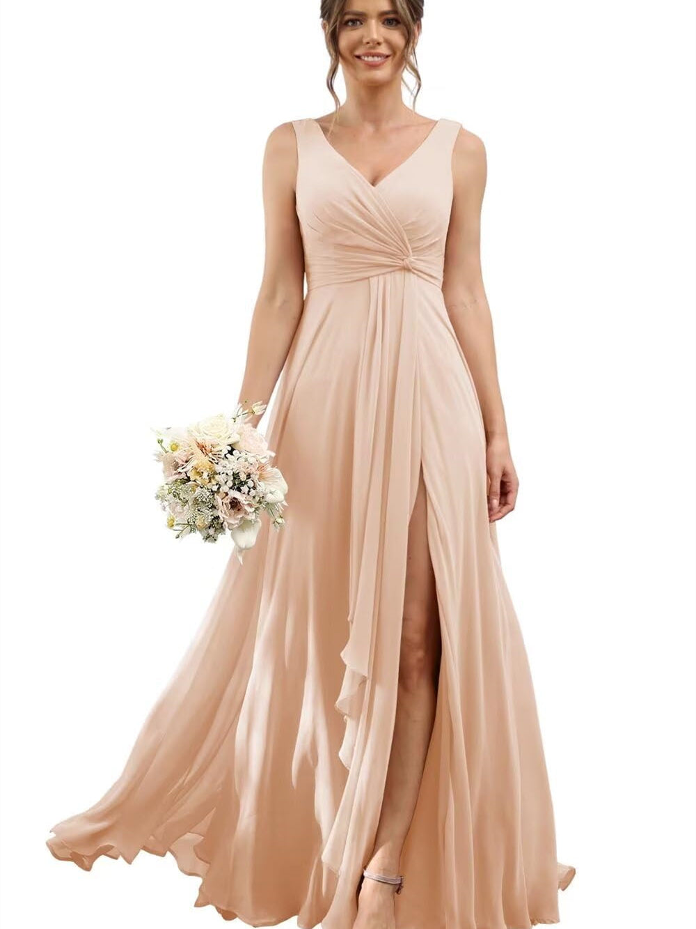 A Line/Princess Chiffon V-Neck Short Sleeves Floor-Length Bridesmaid Dresses