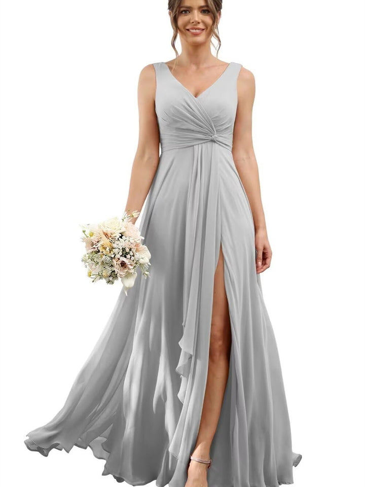 A Line/Princess Chiffon V-Neck Short Sleeves Floor-Length Bridesmaid Dresses