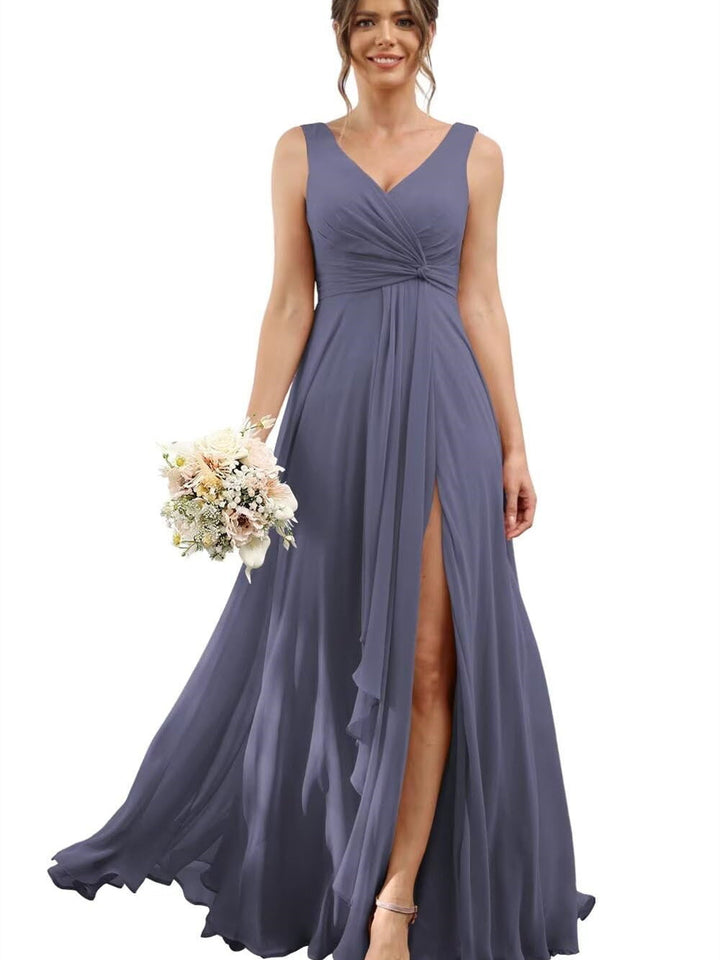 A Line/Princess Chiffon V-Neck Short Sleeves Floor-Length Bridesmaid Dresses