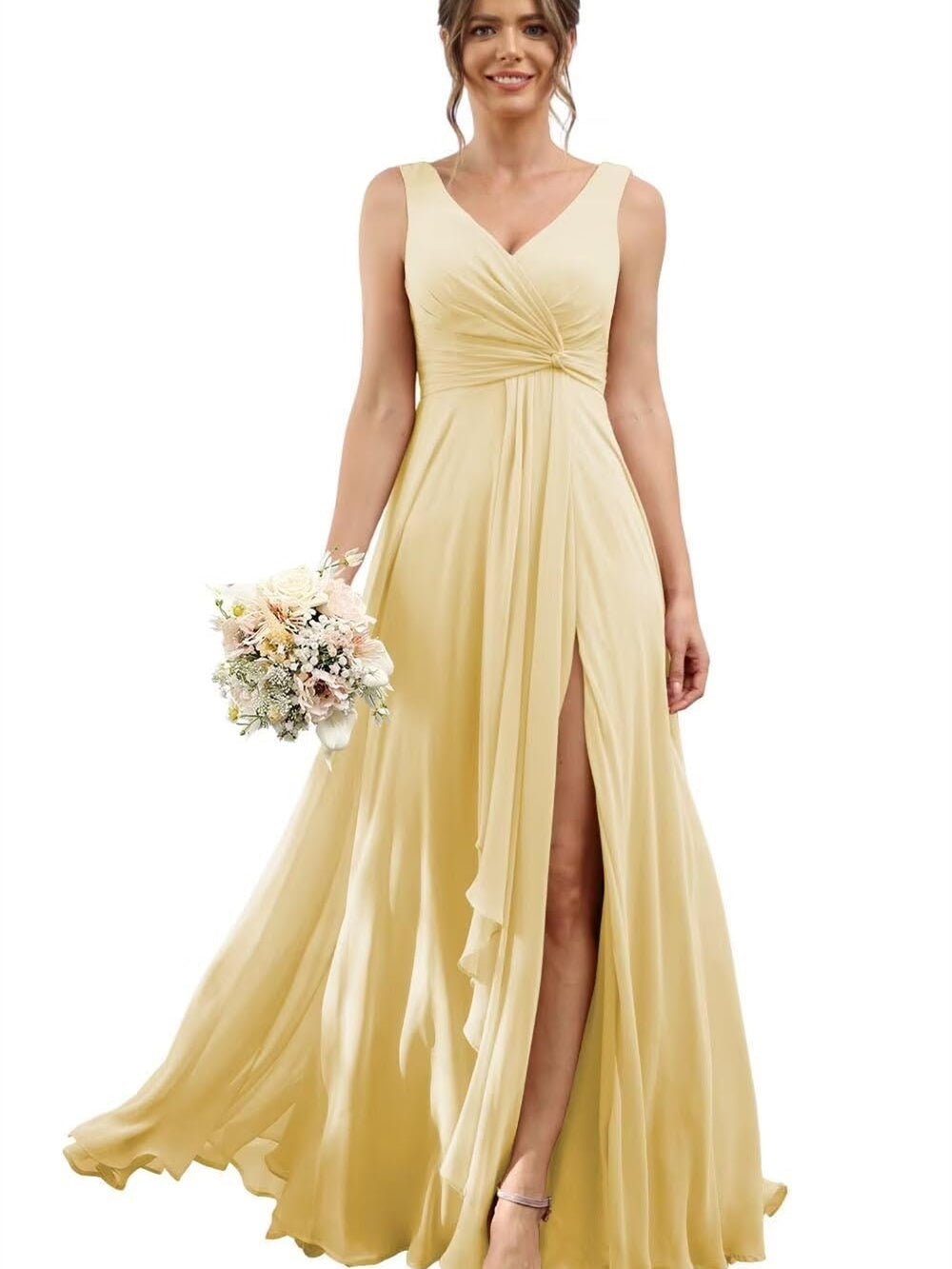 A Line/Princess Chiffon V-Neck Short Sleeves Floor-Length Bridesmaid Dresses