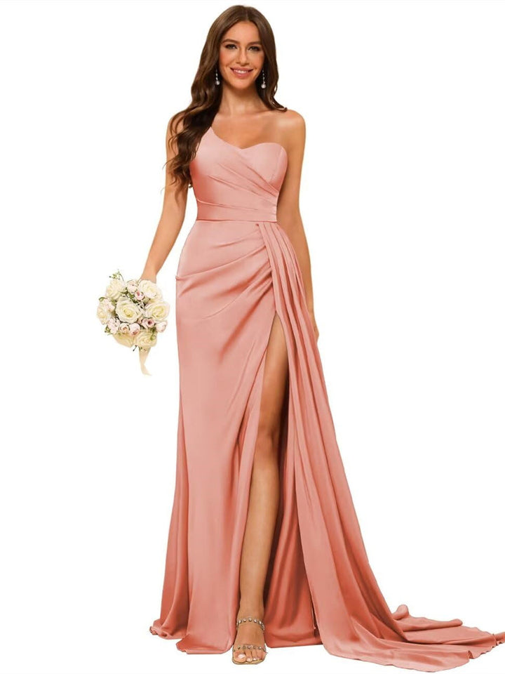 A Line/Princess Satin One-shoulder Sleeveless Floor-Length Bridesmaid Dresses