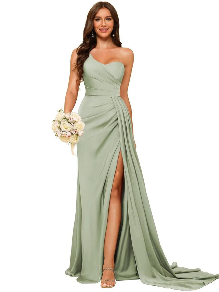 A Line/Princess Satin One-shoulder Sleeveless Floor-Length Bridesmaid Dresses