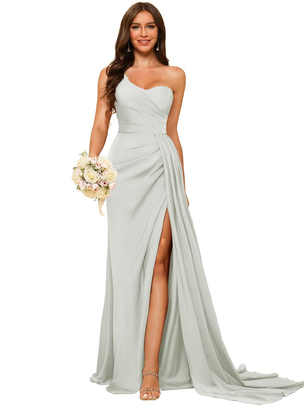 A Line/Princess Satin One-shoulder Sleeveless Floor-Length Bridesmaid Dresses