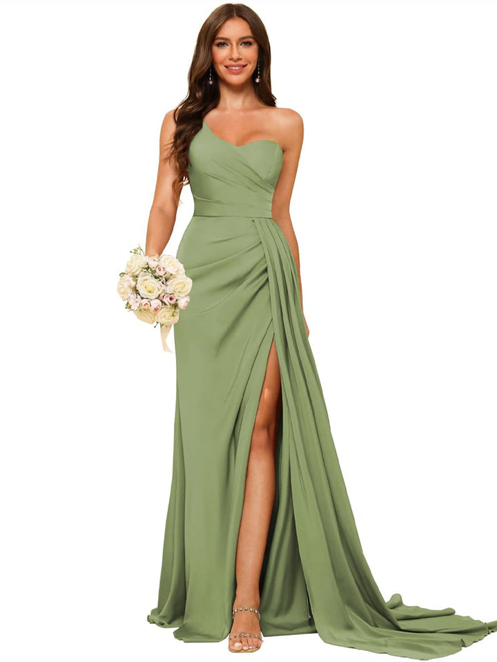 A Line/Princess Satin One-shoulder Sleeveless Floor-Length Bridesmaid Dresses