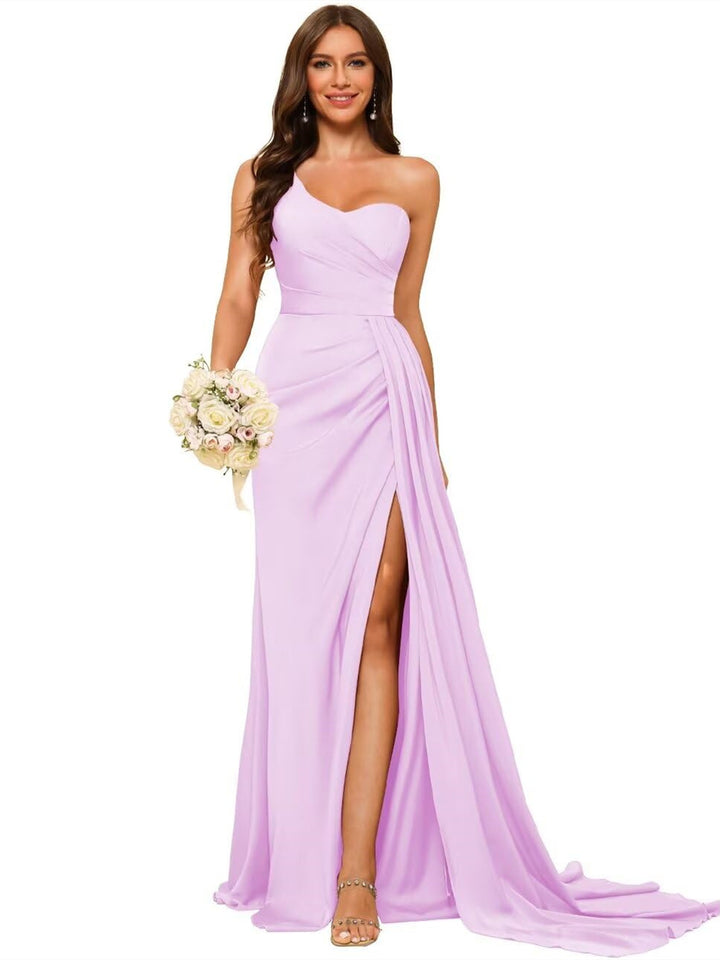 A Line/Princess Satin One-shoulder Sleeveless Floor-Length Bridesmaid Dresses