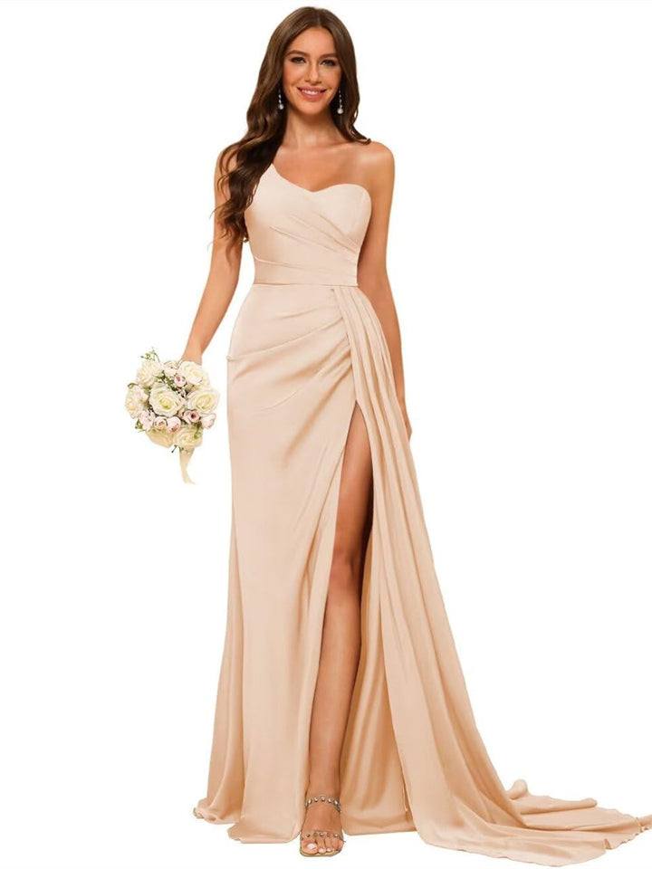 A Line/Princess Satin One-shoulder Sleeveless Floor-Length Bridesmaid Dresses