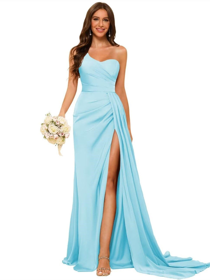 A Line/Princess Satin One-shoulder Sleeveless Floor-Length Bridesmaid Dresses