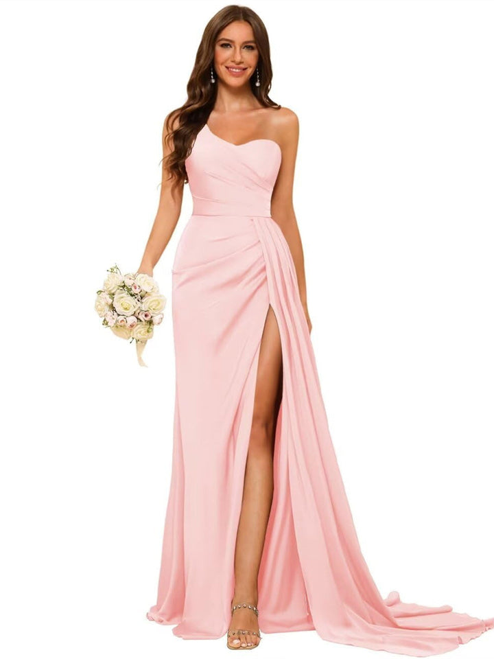 A Line/Princess Satin One-shoulder Sleeveless Floor-Length Bridesmaid Dresses