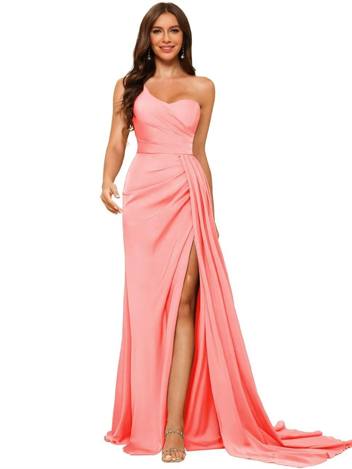 A Line/Princess Satin One-shoulder Sleeveless Floor-Length Bridesmaid Dresses