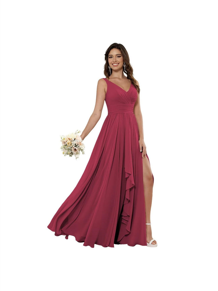 A Line/Princess Chiffon V Neck Sleeveless Floor-Length Bridesmaid Dresses