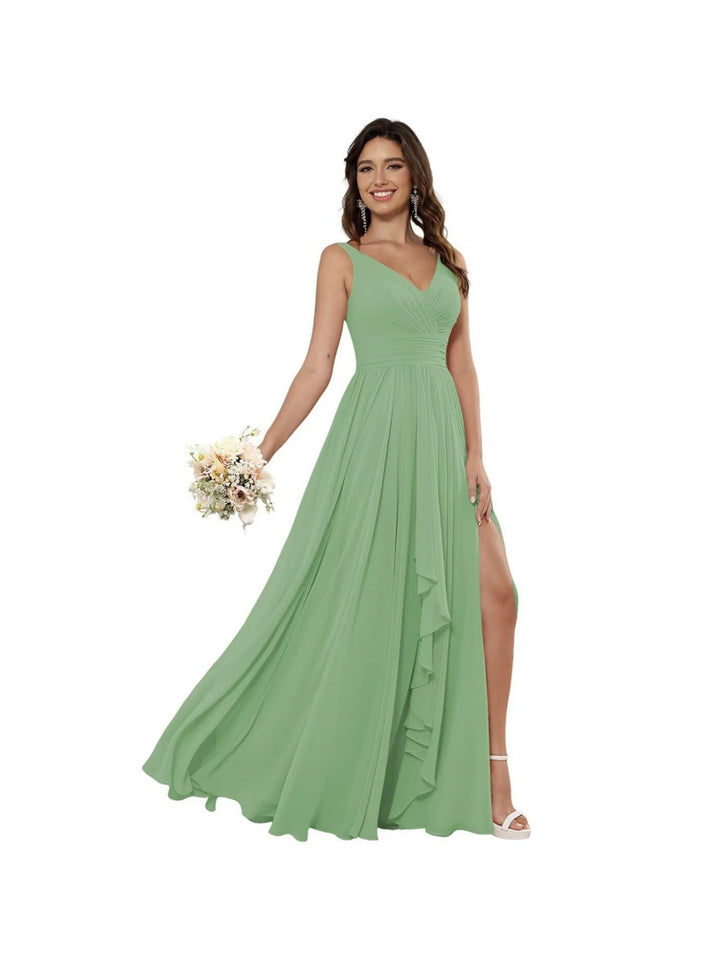 A Line/Princess Chiffon V Neck Sleeveless Floor-Length Bridesmaid Dresses