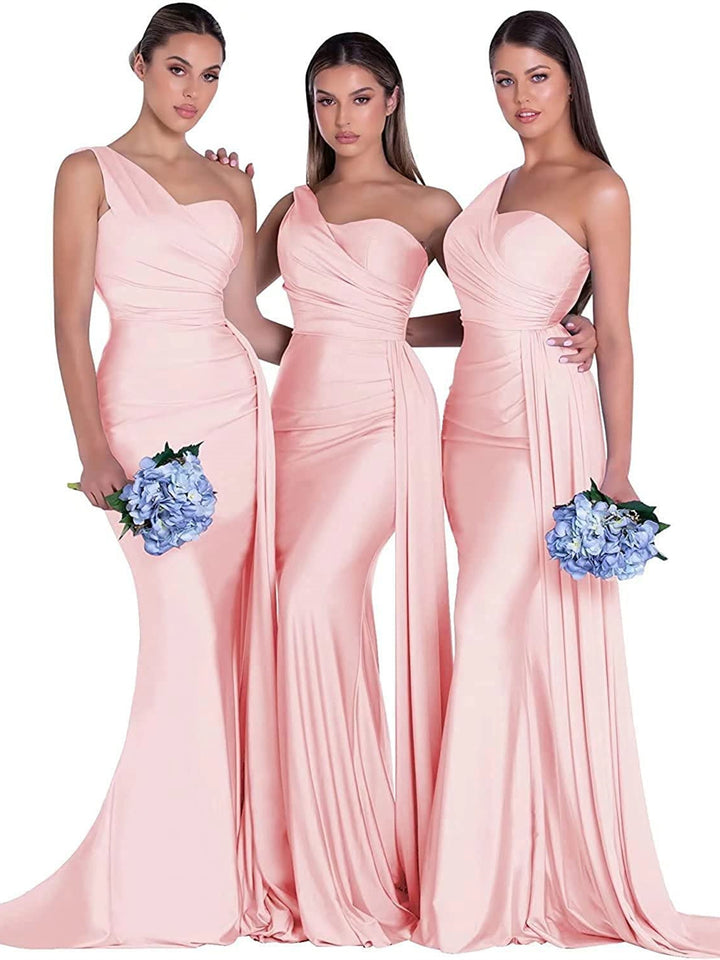 Mermaid/Trumpet Satin One-Shoulder Sleeveless Floor-Length Bridesmaid Dresses