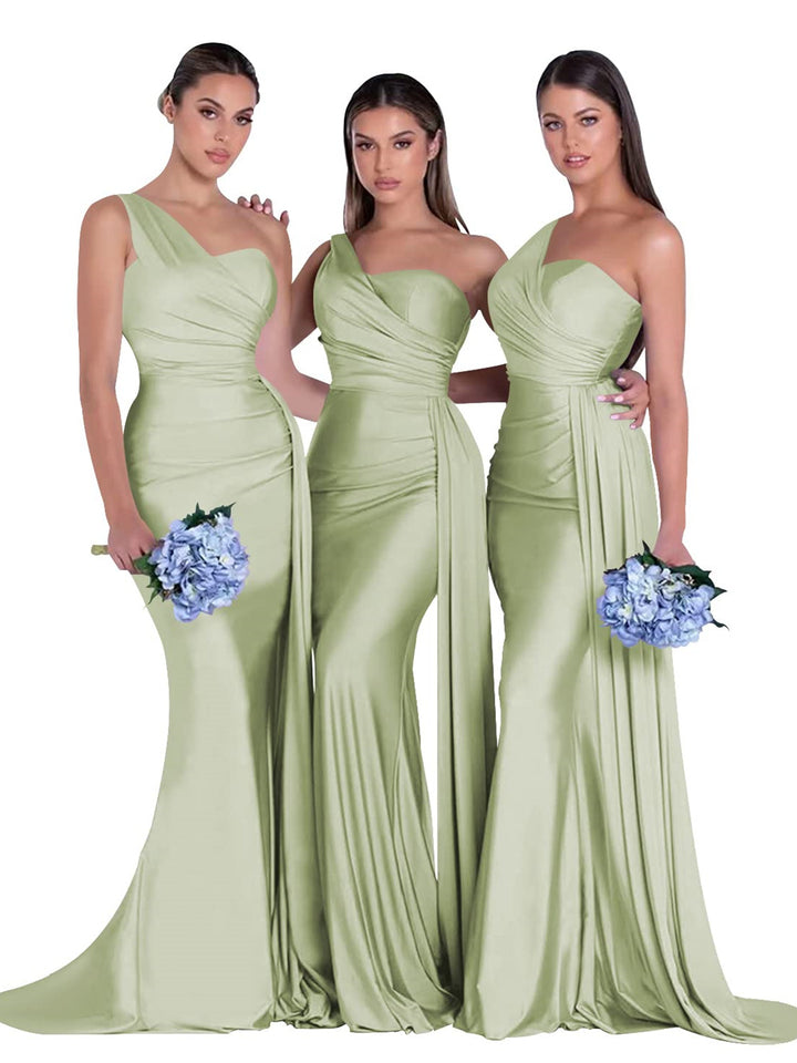 Mermaid/Trumpet Satin One-Shoulder Sleeveless Floor-Length Bridesmaid Dresses