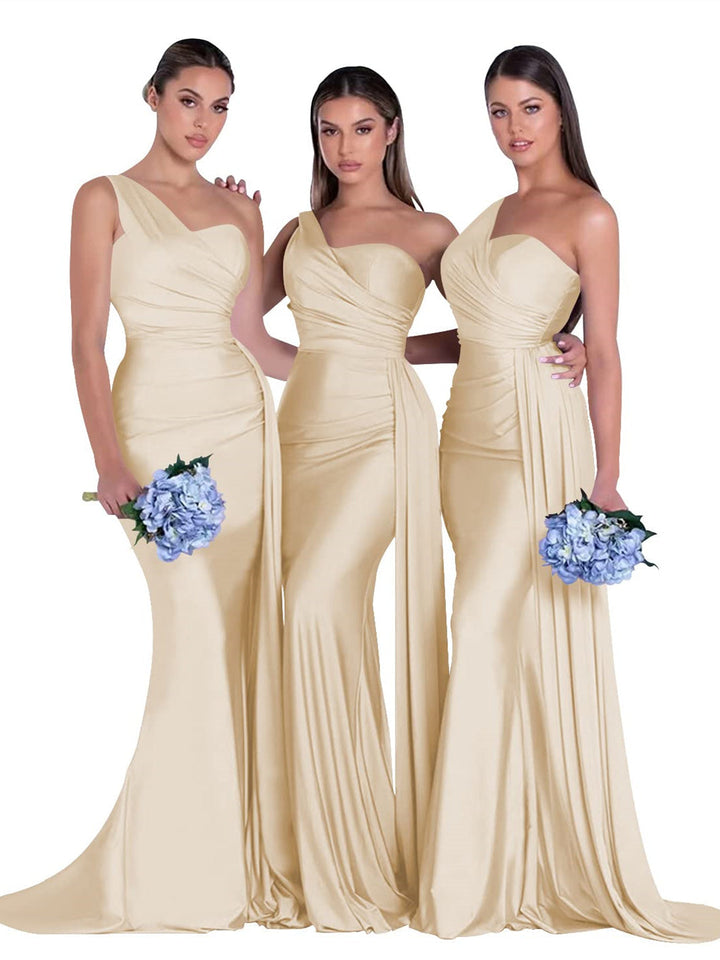 Mermaid/Trumpet Satin One-Shoulder Sleeveless Floor-Length Bridesmaid Dresses