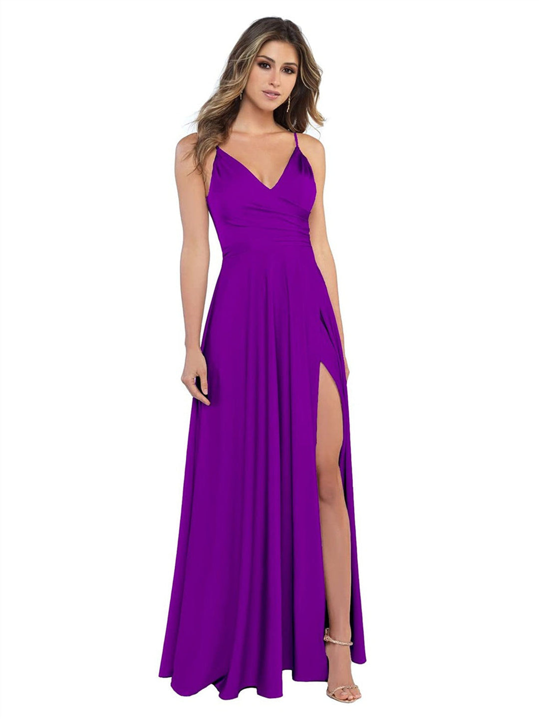 A Line/Princess Satin V-Neck Sleeveless Floor-Length Bridesmaid Dresses