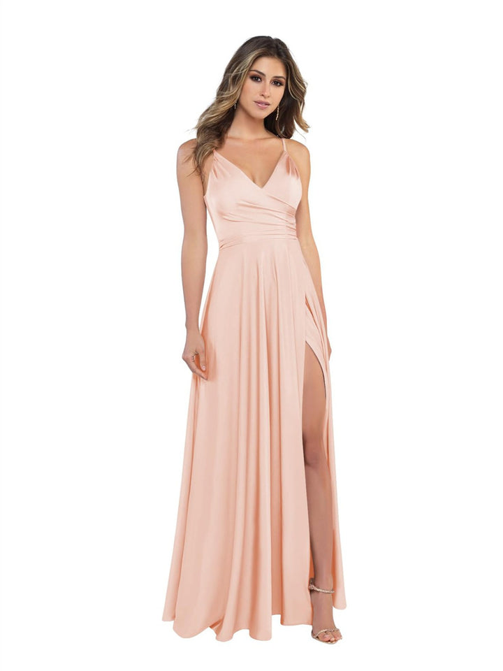 A Line/Princess Satin V-Neck Sleeveless Floor-Length Bridesmaid Dresses