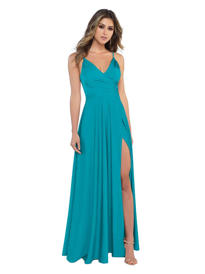 A Line/Princess Satin V-Neck Sleeveless Floor-Length Bridesmaid Dresses