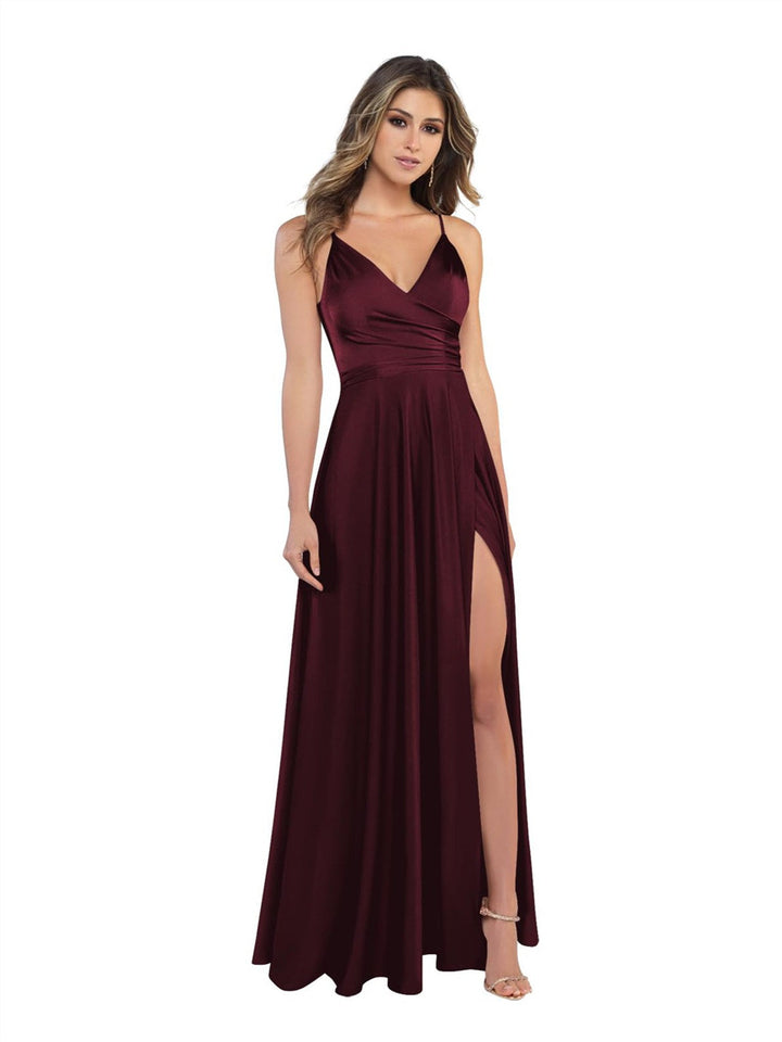 A Line/Princess Satin V-Neck Sleeveless Floor-Length Bridesmaid Dresses