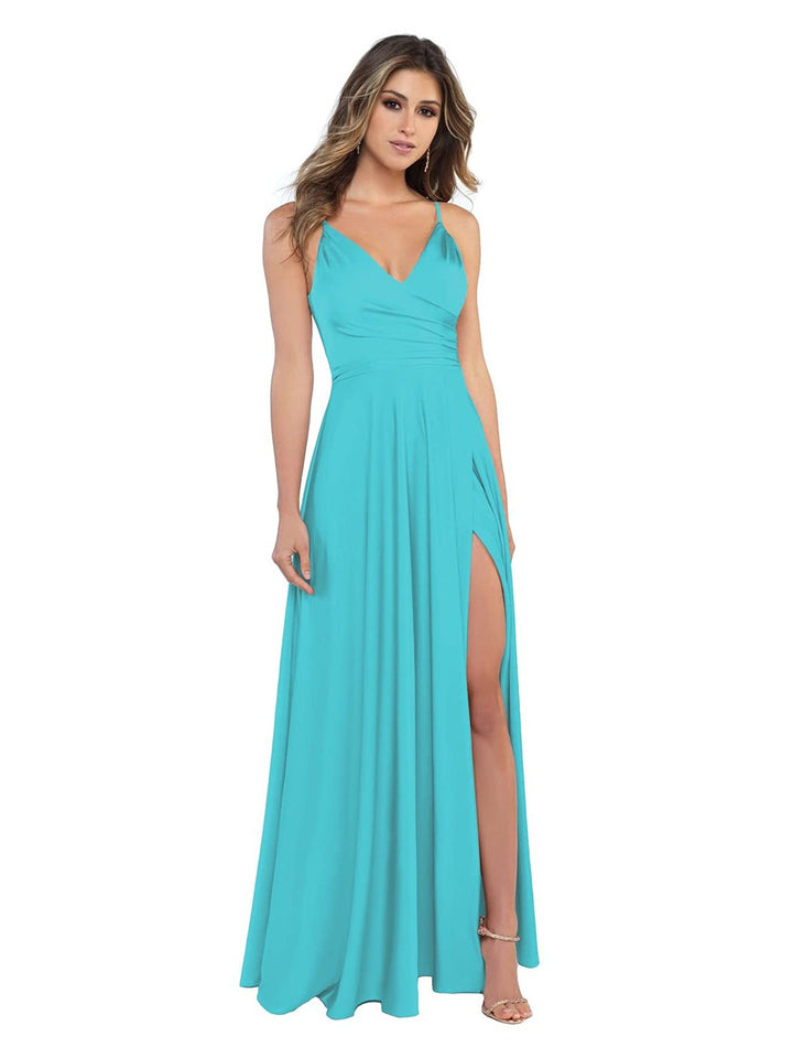 A Line/Princess Satin V-Neck Sleeveless Floor-Length Bridesmaid Dresses