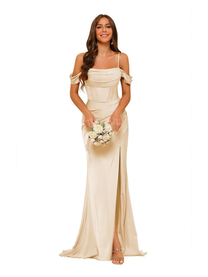 Mermaid/Trumpet Satin Off-the-Shoulder Sleeveless Floor-Length Bridesmaid Dresses