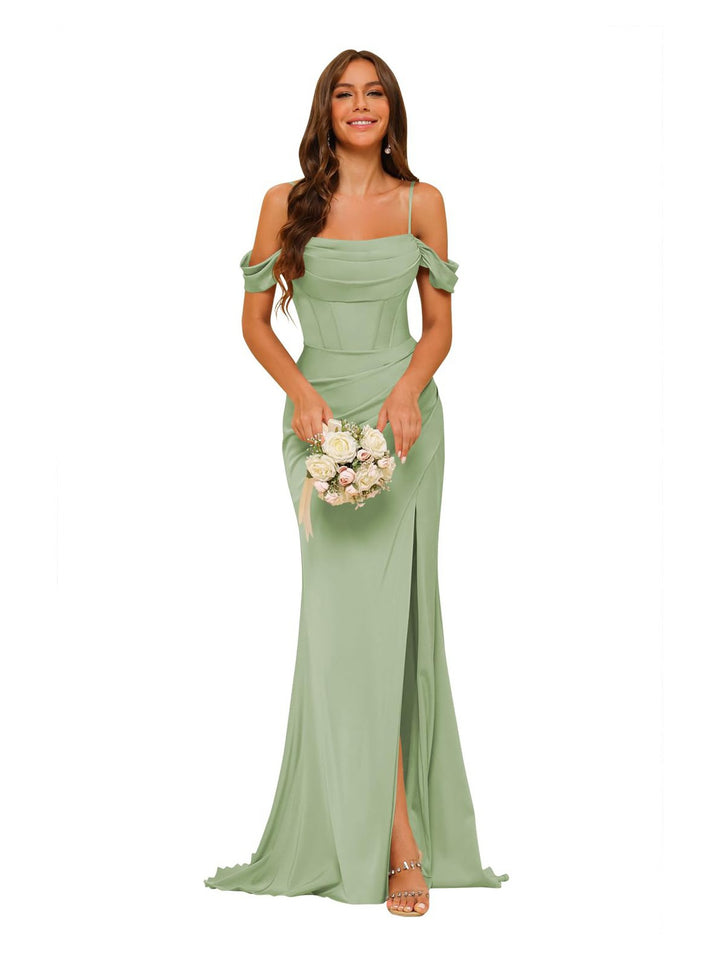 Mermaid/Trumpet Satin Off-the-Shoulder Sleeveless Floor-Length Bridesmaid Dresses