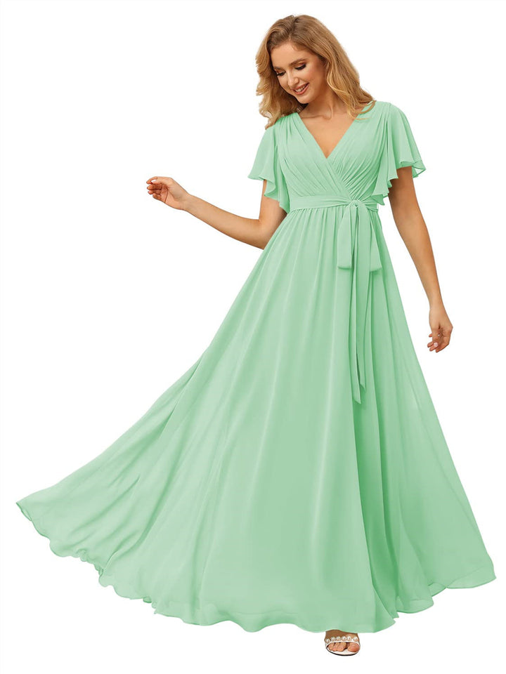 A Line/Princess Chiffon V-Neck Short Sleeves Ankle-Length Bridesmaid Dresses