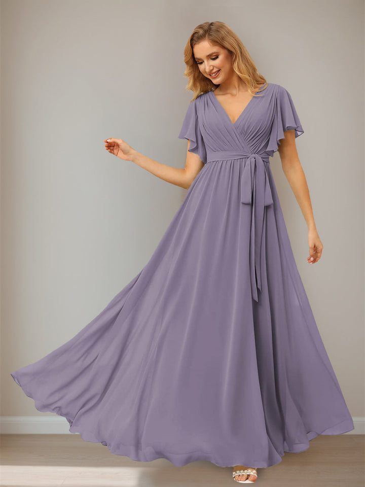 A Line/Princess Chiffon V-Neck Short Sleeves Ankle-Length Bridesmaid Dresses