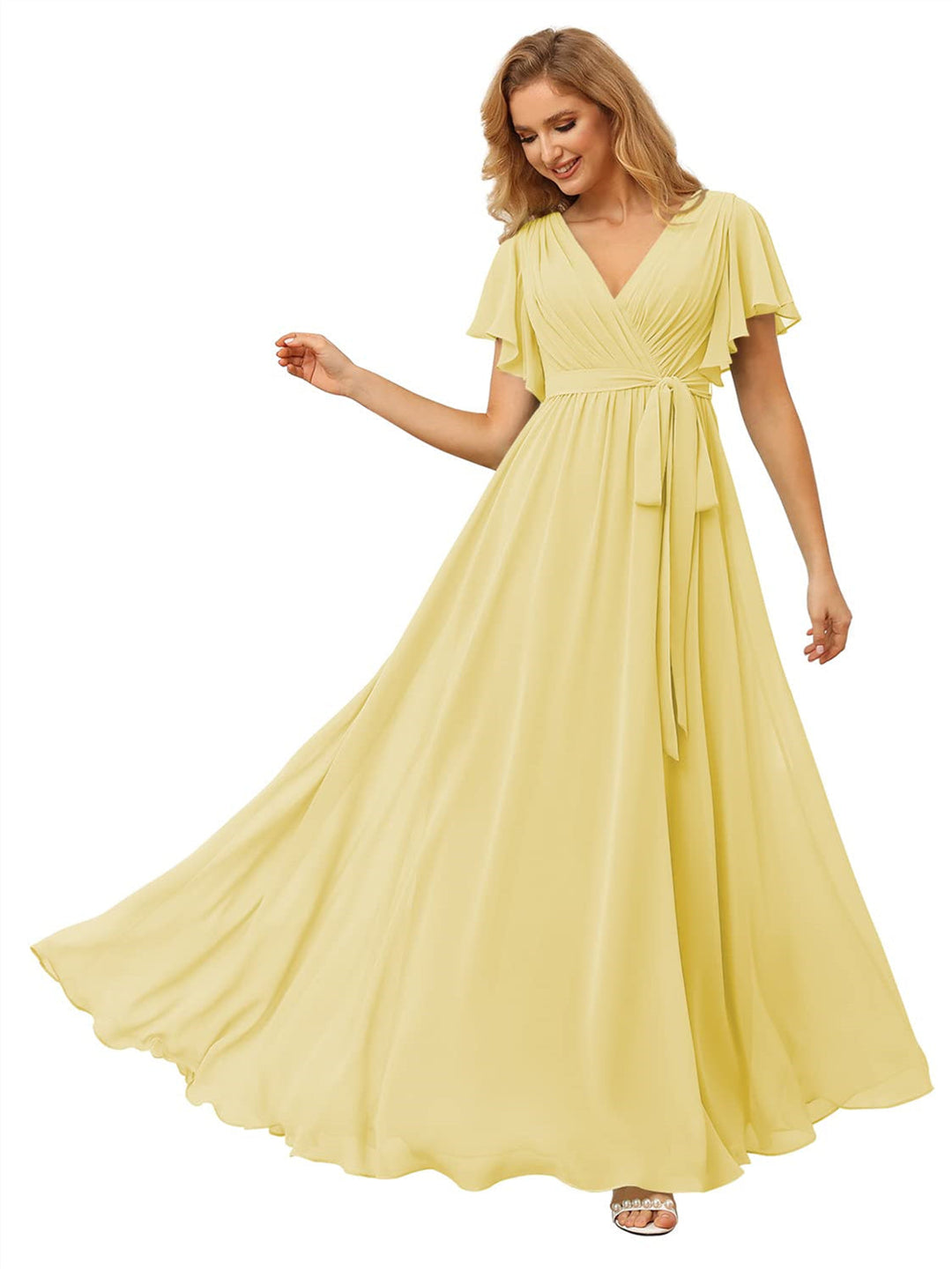 A Line/Princess Chiffon V-Neck Short Sleeves Ankle-Length Bridesmaid Dresses