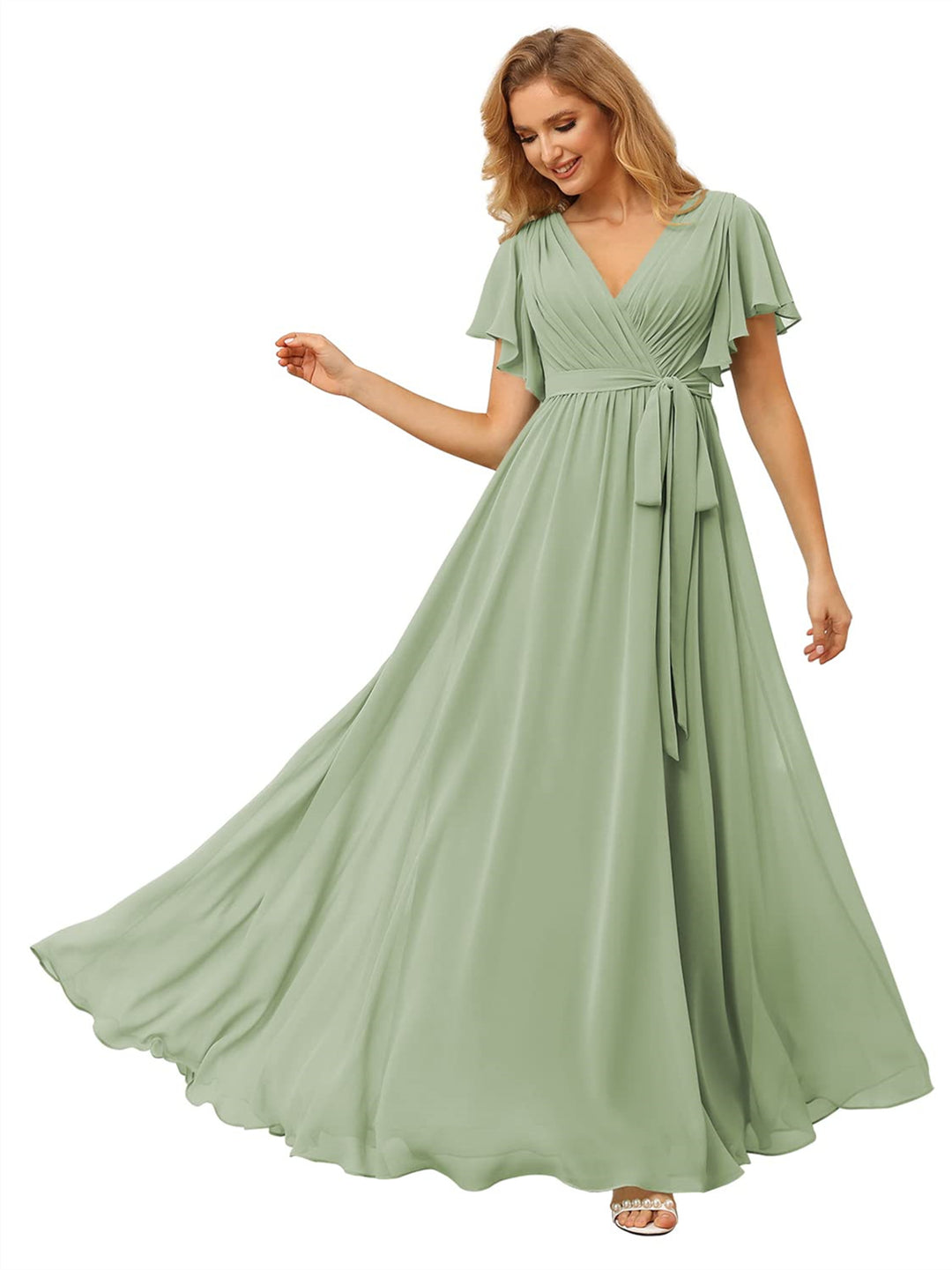 A Line/Princess Chiffon V-Neck Short Sleeves Ankle-Length Bridesmaid Dresses