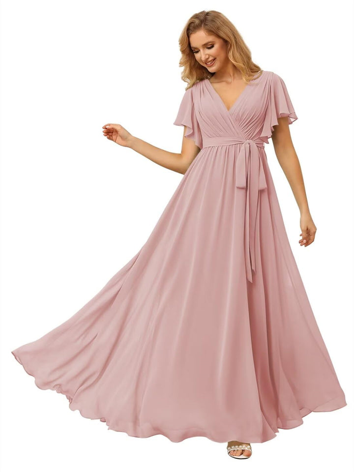 A Line/Princess Chiffon V-Neck Short Sleeves Ankle-Length Bridesmaid Dresses