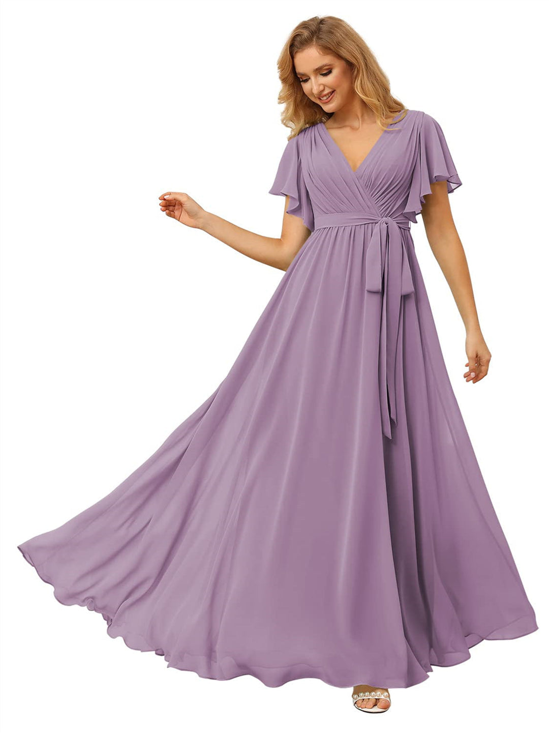 A Line/Princess Chiffon V-Neck Short Sleeves Ankle-Length Bridesmaid Dresses