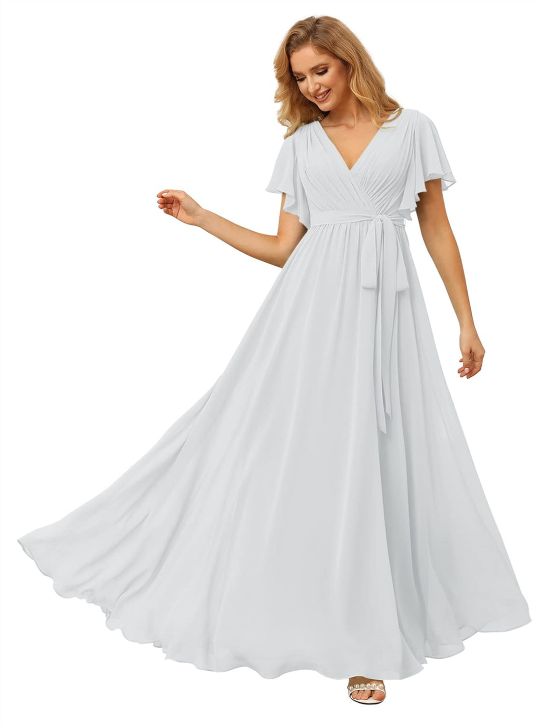 A Line/Princess Chiffon V-Neck Short Sleeves Ankle-Length Bridesmaid Dresses