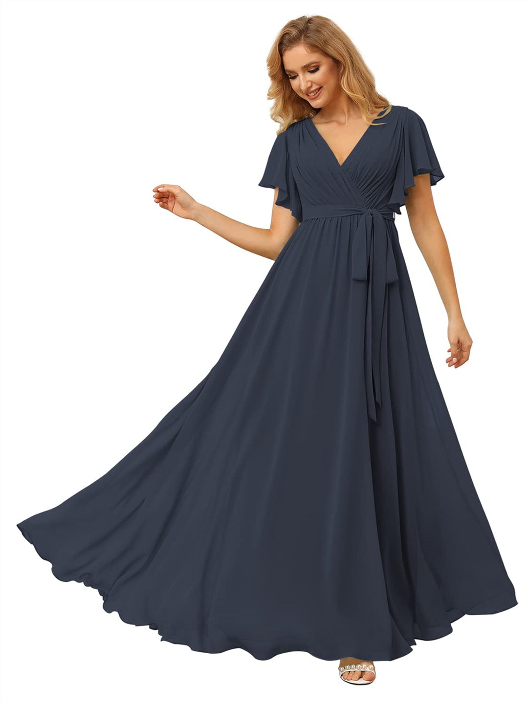 A Line/Princess Chiffon V-Neck Short Sleeves Ankle-Length Bridesmaid Dresses