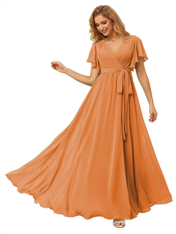 A Line/Princess Chiffon V-Neck Short Sleeves Ankle-Length Bridesmaid Dresses