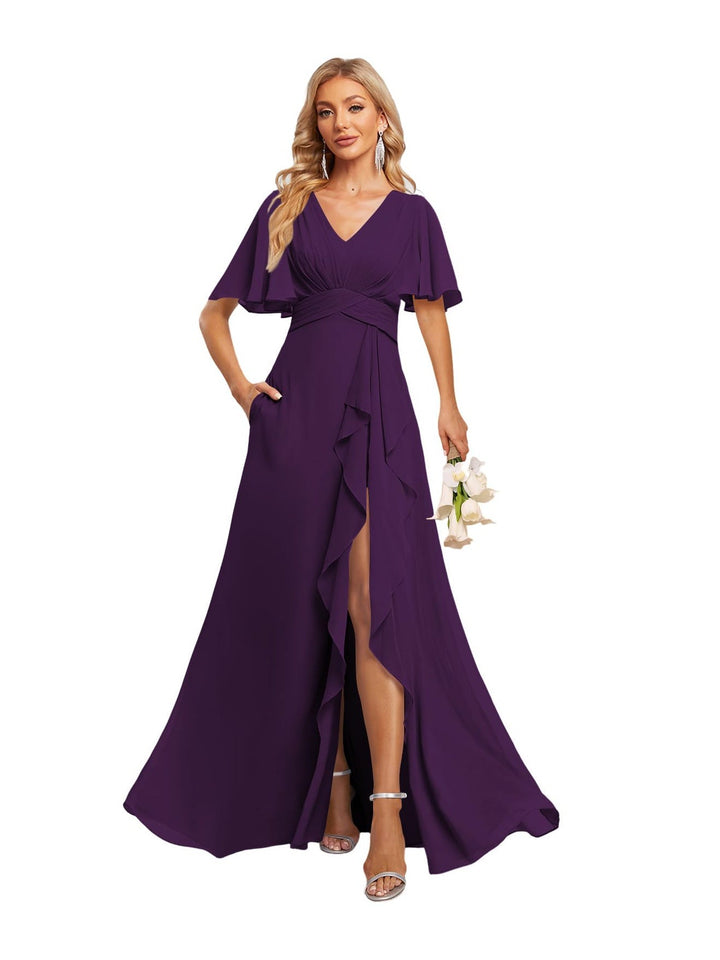 A-Line/Princess V-Neck Short Sleeves Floor-length Bridesmaid Dresses With Chiffon