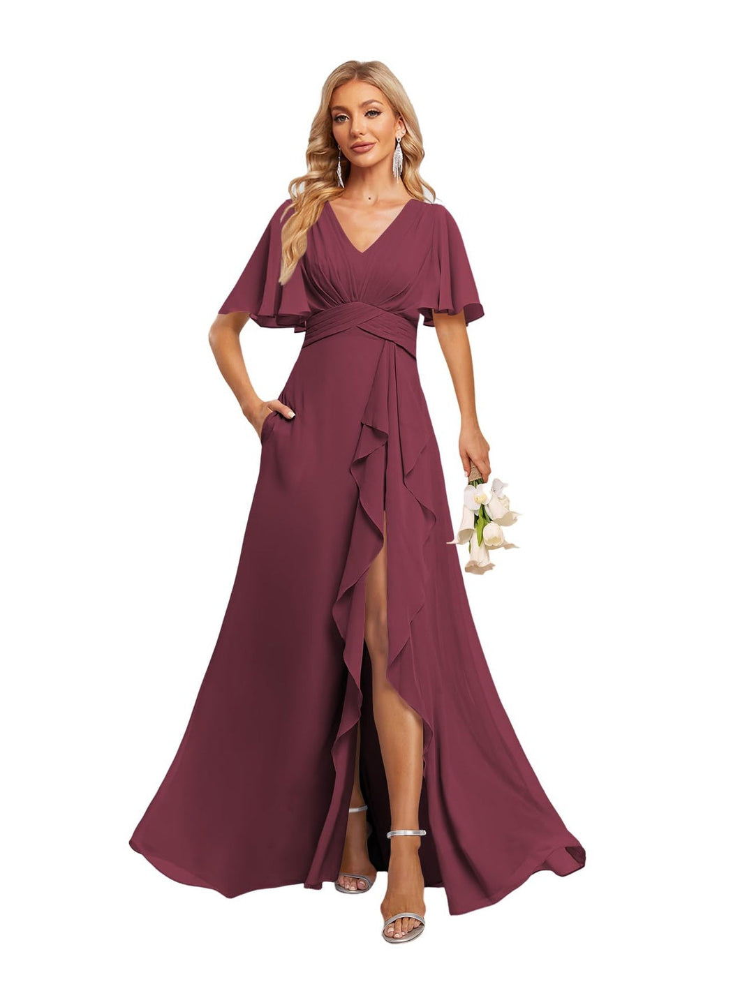 A-Line/Princess V-Neck Short Sleeves Floor-length Bridesmaid Dresses With Chiffon