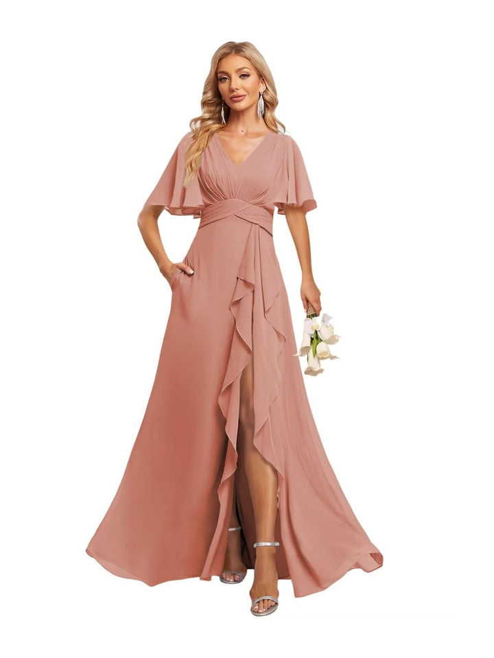 A-Line/Princess V-Neck Short Sleeves Floor-length Bridesmaid Dresses With Chiffon