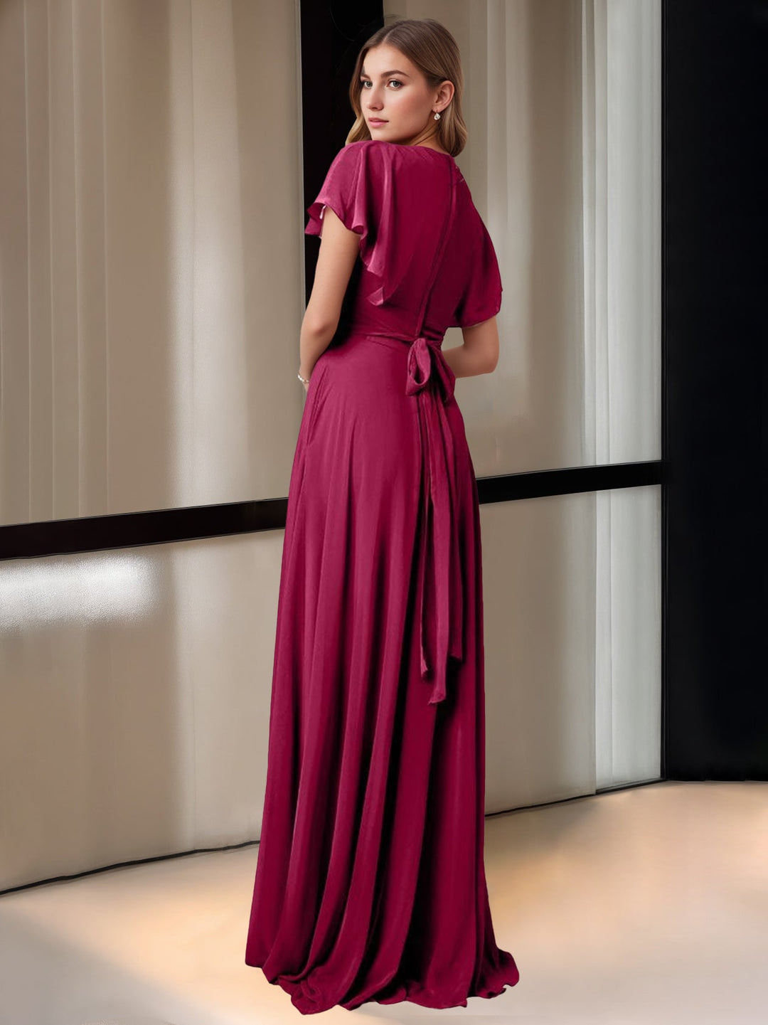 A Line/Princess V-Neck Short Sleeves Floor-Length Bridesmaid Dresses with Pocket